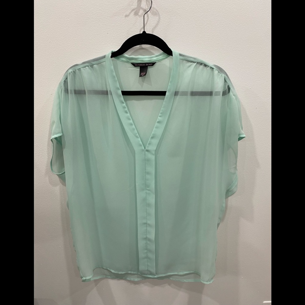 Victoria’s Secret V-Neck mint green semi sheer blouse.